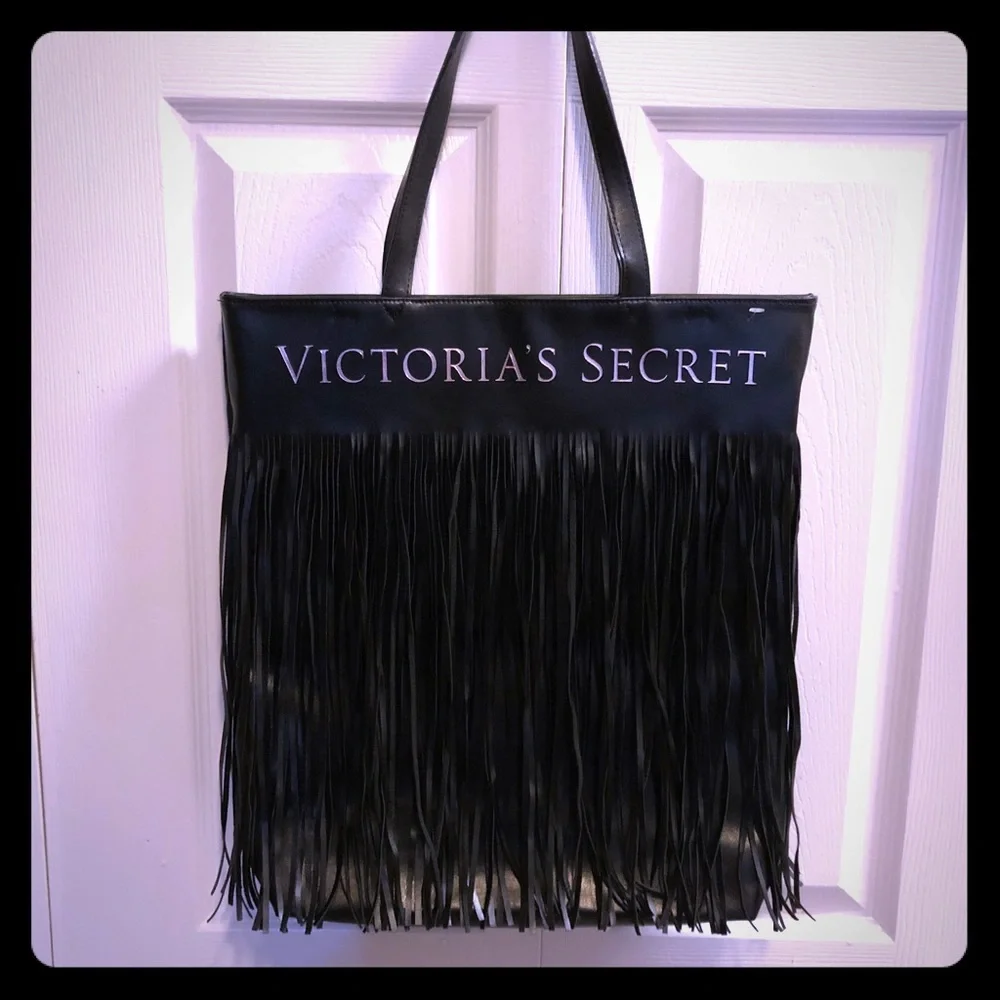 Victoria’s Secret Black Fringe Tote Bag Boho Tassel Shoulder Purse
